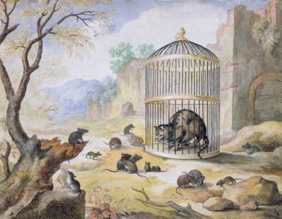 Kafeste Bir Kedi (kağıt üzerinde yıkama ile kalem ve mürekkep) by Gottfried Mind or Mindt
